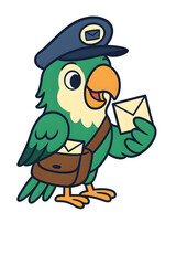 Cute Cartoon Parrot Mailman Delivering Letters with Satchel and Uniform Hat