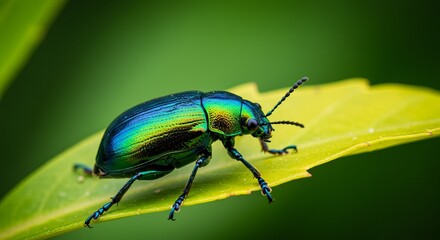 A vibrant, iridescent beetle perches on a green leaf, captured in a close-up shot with a blurred green background.