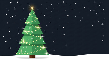 Decorated christmas tree with lights and falling snow on a dark background