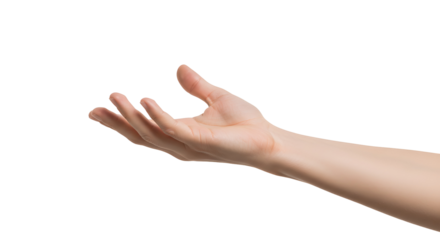 Hand Reaching Out with Open Palm Against Transparent Background Studio Shot