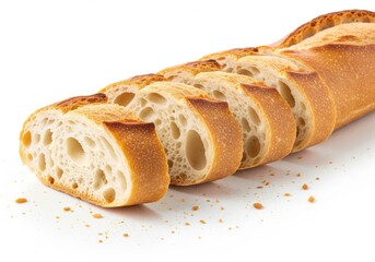 Sliced French Baguette Bread with Crumbs on White Background