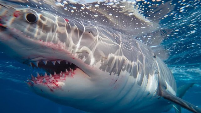 4k video of a shark with bloody jaws swimming towards.