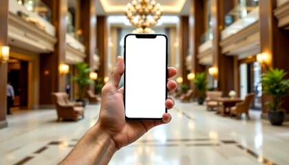 A person holding a smartphone with a blank screen in the luxurious hotel lobby