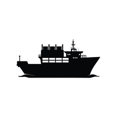 Silhouette of a container ship on the water against white background, cargo ship on silhouette vector illustration