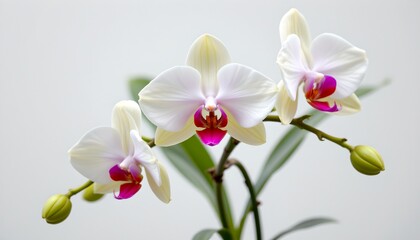 A delicate and elegant orchid blooms with pristine white petals and a vibrant purple center