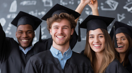 Education graduates in caps and gowns celebrate with floating books pencils and chalkboard equations as confetti embodying knowledge transfer and the inspiration of learning.