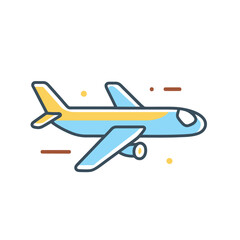 Illustration of a blue and yellow airplane flying with motion lines and small dots around it on white