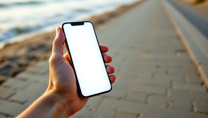 A person's hand holding a smartphone with a blank screen, perfect for your content, against a blurred seaside backdrop. The focus is on the modern device held in the foreground