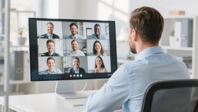 Businessman having online video conference call with colleagues on computer screen. - Powered by Adobe