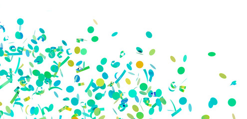 Bright teal, green, and yellow confetti falling on white. Perfect for party invitations, celebrations, and festive designs.