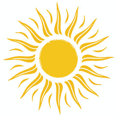 Yellow sun illustration with bright rays isolated on white background symbolizing summer light and energy 
