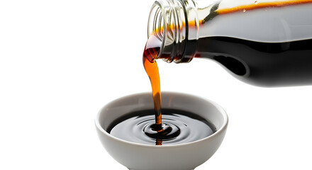 Dark Liquid Pours from Bottle into Bowl on Transparent Background, Culinary Delight