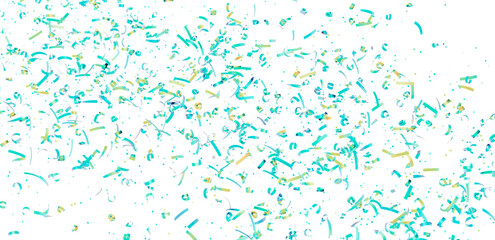 High-resolution image of teal and gold confetti on white. Perfect for party invitations, banners, and celebratory designs.