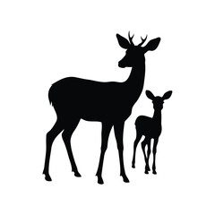 Elegant silhouette image of a graceful mother deer with her young fawn, deer with fawn on silhouette vector illustration