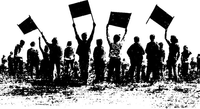 Black and white grunge silhouette of street protest with raised flags