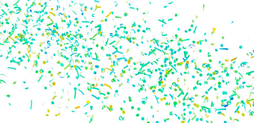 Bright teal, green, and yellow confetti falling on white. Perfect for party invitations, banners, and celebrations.