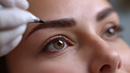 Fototapeta premium A macro view of the powder ombre brow technique in progress showing the gentle shading gradient being created with a specialized tool. The artistic precision of the permanent make