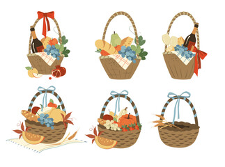 Gift Harvest Thanksgiving basket. Wicker baskets present Flat hamper with bow ribbon vector set. Illustration gift present with fruits food gifts