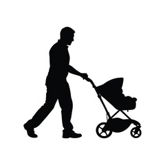Silhouette of a Father Pushing a Baby Stroller with Child, Walking Along, father pushing stroller silhouette vector illustration