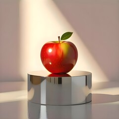 Shiny red apple on metallic pedestal with dramatic light, modern minimal food concept