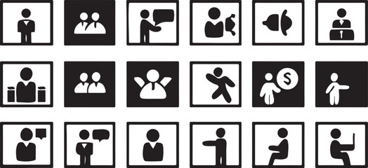 Stock photo of a set of black and white vector icons of business people, a man and a woman, depicted as silhouettes