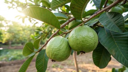 Guava hanging on tree branch in garden, Guava on tree in natural background