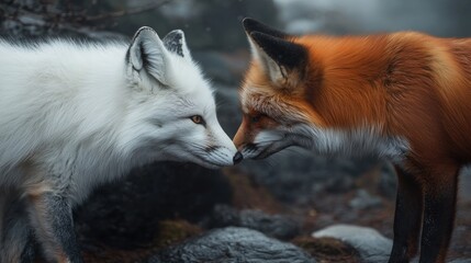 Arctic fox and red fox facing each other in misty forest.