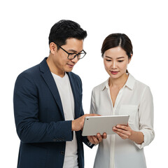 Business Colleagues Analyze Data on Tablet Device Teamwork Communication Planning Strategy Project Management Innovation Successful Business Partnership