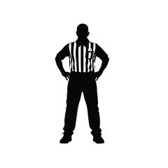 Silhouette of referee standing with hands on hips in black and white, football referee silhouette vector illustration