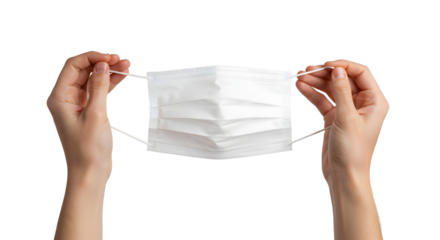 Holding white medical face mask with hand against Transparent Background