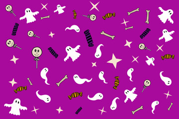 background or canvas with ghosts, stars and candies on purple