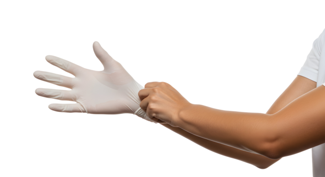 Putting on Protective Gloves in Healthcare Setting Against Transparent Background - Powered by Adobe