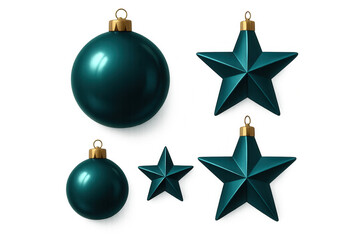 Teal christmas baubles, star ornaments with golden accents suspended against transparent backdrop, perfect for festive seasonal design