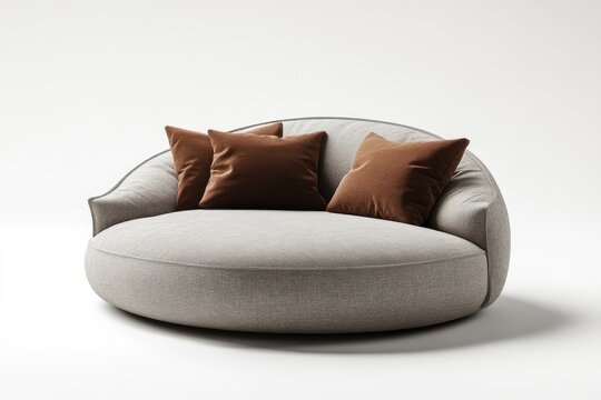 Round, light gray couch with brown pillows