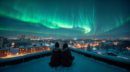 Couple watching northern lights aurora borealis over snowy cityscape at night