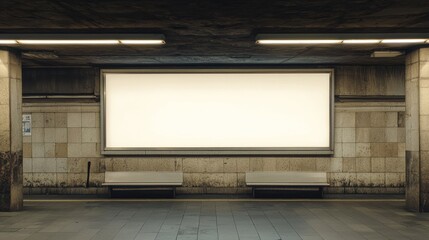 Blank Billboard in a Subway Station with Two Benches