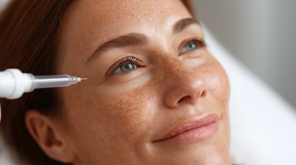 A close up of a freckle tattooing procedure creating natural looking sun spots on a client's face. The artistic placement and varied sizing technique are demonstrated for an