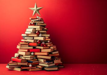 A Christmas tree made of books on a red background, with a star and decorations.
