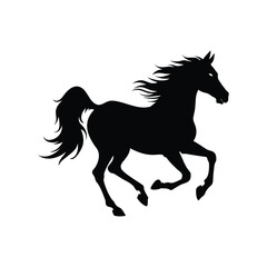 Majestic black horse silhouette in full gallop across a bright white background, horse galloping silhouette vector illustration