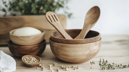Wooden bowls with grains and spoons on rustic table for organic culinary photography concept