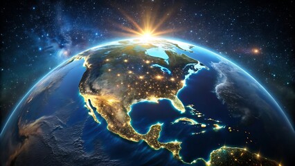 Earth from space with sunrise over north america