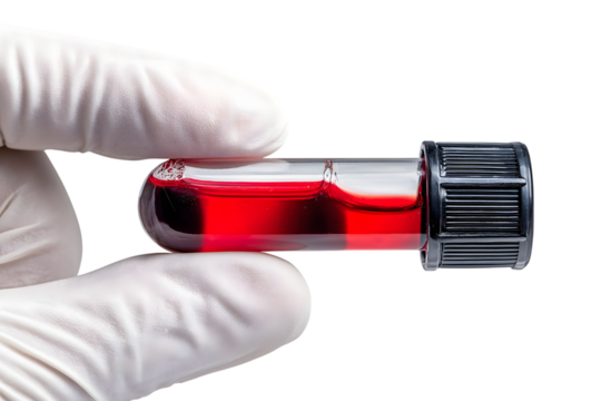 gloved hand holding  vial filled with  blood isolated on white background