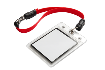  blank ID card hanging on red lanyard isolated on white background