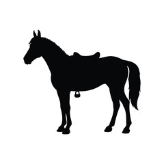 Silhouette of a Horse with Saddle Standing Calmly in Black and White, horse with saddle and gear silhouette vector illustration