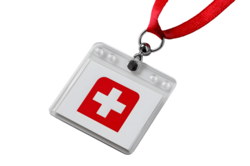  medical badge, symbol of health and help with  red cross displayed isolated on white background