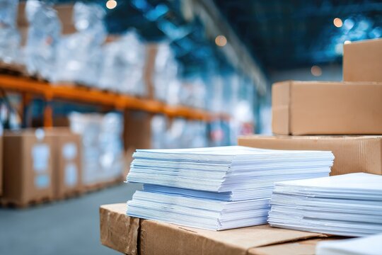 Stacks of white paper documents rest on a surface inside a warehouse.