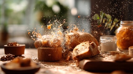 Loaf of bread with flour explosion on wooden table for bakery food photography concept