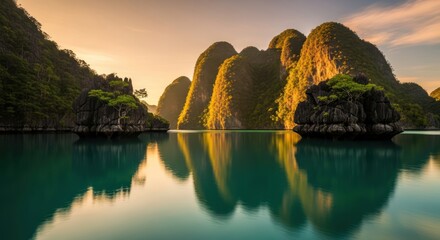 Majestic limestone islands reflected in calm emerald waters at sunrise.