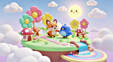 Chibi style fox and bird on a floating mountain with colorful flowers, rainbow path and waterfall, cute and adorable whimsical illustration for kids, vibrant pastel colors