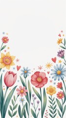 Naklejka premium A Vibrant Watercolor Collection of Springtime Flowers and Botanical Elements with Delicate Hearts and Stars Scattered Across a White Background